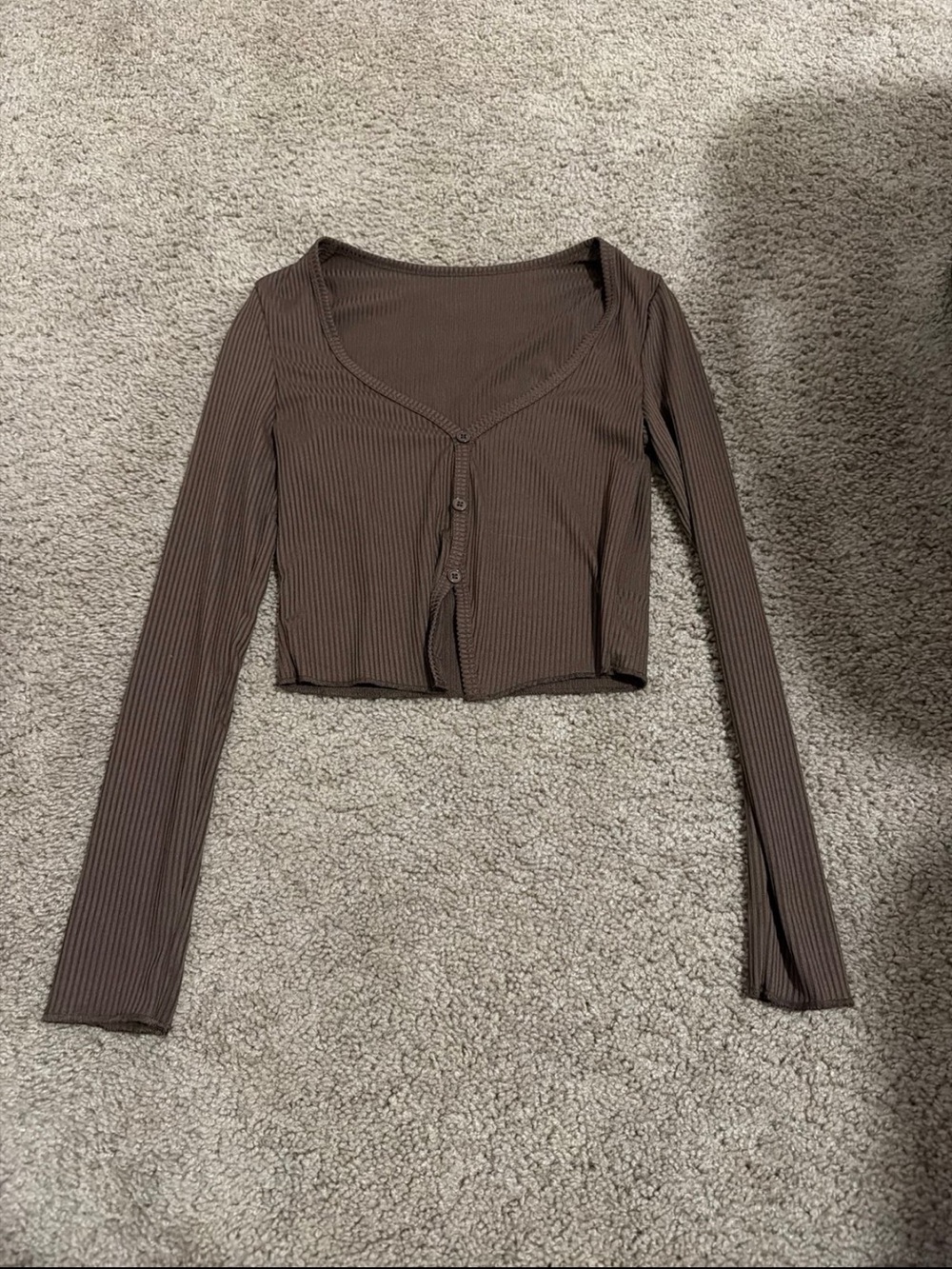 SHEIN Brown Ribbed Long Sleeve Button Down Front Crop Top